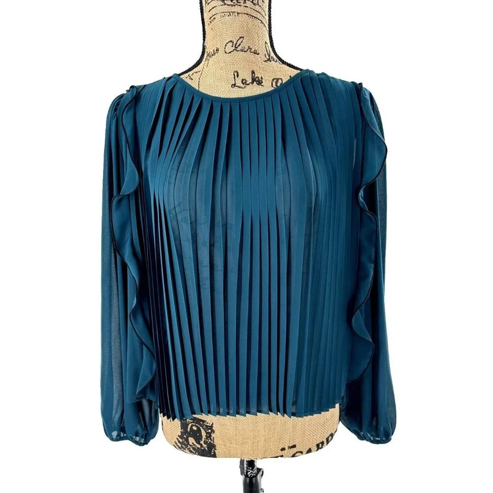 Zara Top Women XS Teal Pleated Ruffle Accents Semi‎ Sheer Business Casual Church